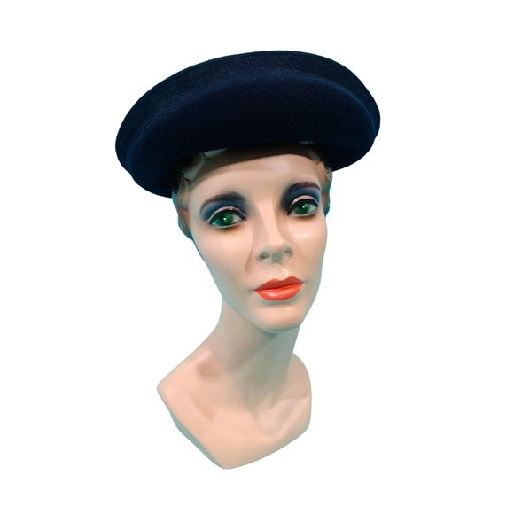 Vintage 1950s Wool Beret Navy Blue Bow Hat - Picture 2 of 10